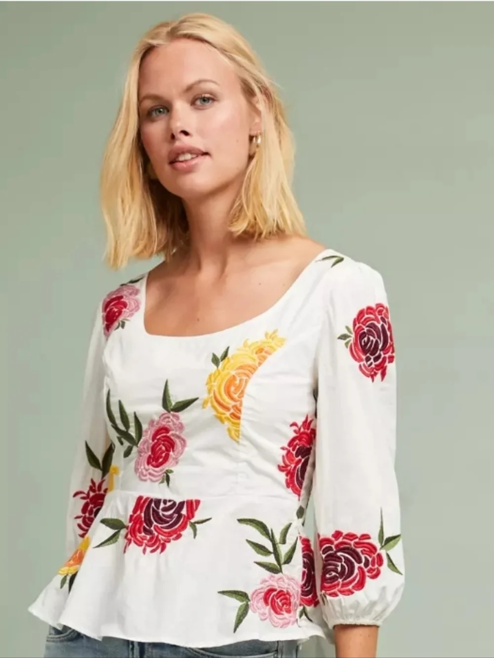 Maeve by Anthropologie Womens Boho White Petal-Embroidered Poplin Blouse Sz 14 - Picture 1 of 9